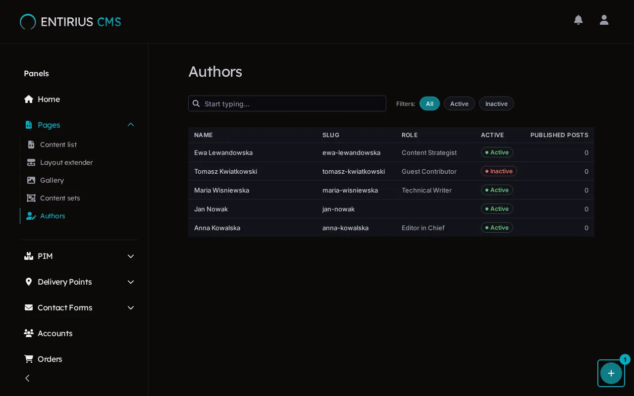 The Authors list with five author profiles and the add button in the bottom right corner marked 1.