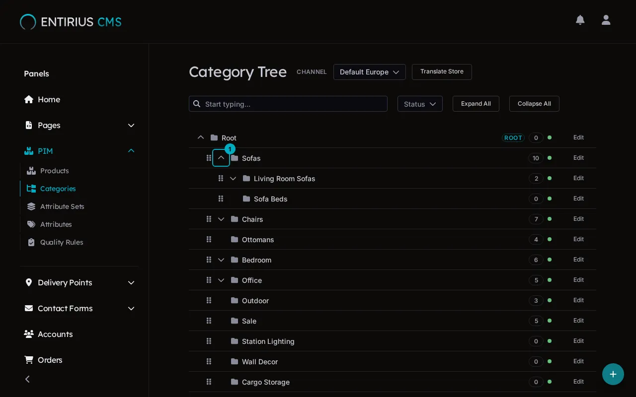 The Category Tree with the Sofas branch open and its toggle marked 1.