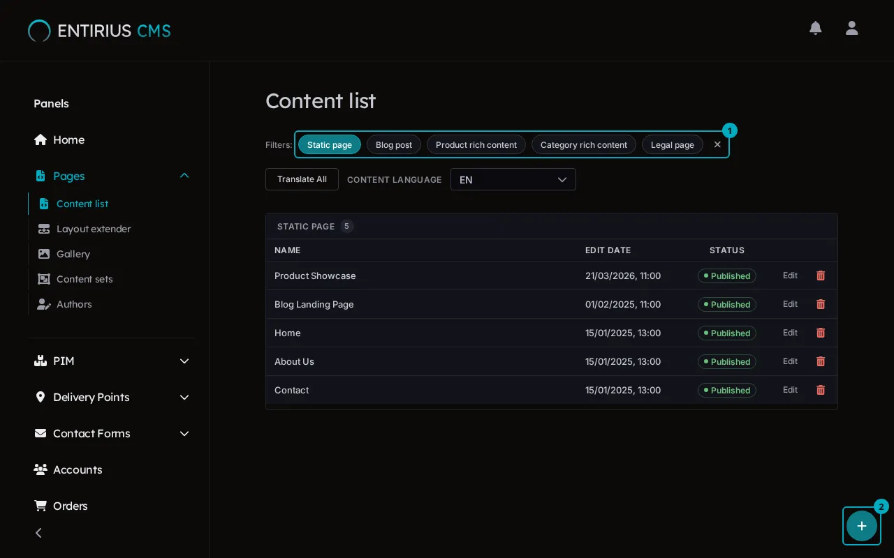 The Content list filtered to static pages, with the filter row marked 1 and the add button marked 2.