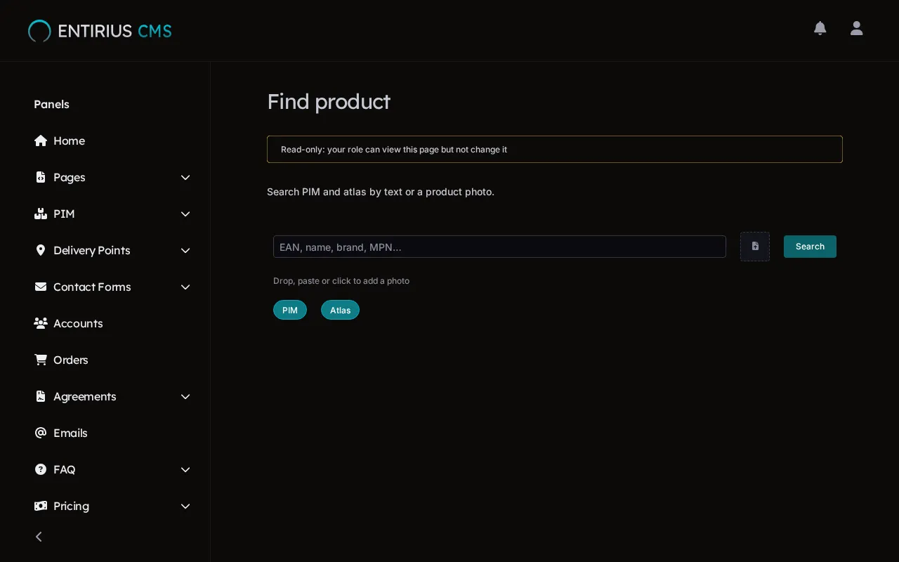 The Find product page with an empty search field, the PIM and Atlas chips and the Search button.