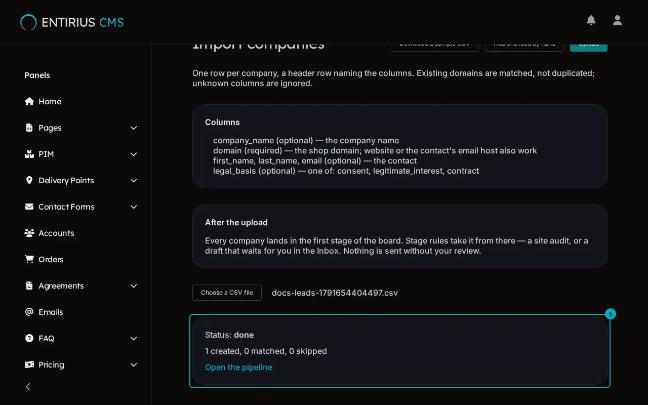 The Import companies page after an upload, with the report marked 1: status done, 1 created, 0 matched, 0 skipped, and the Open the pipeline link.