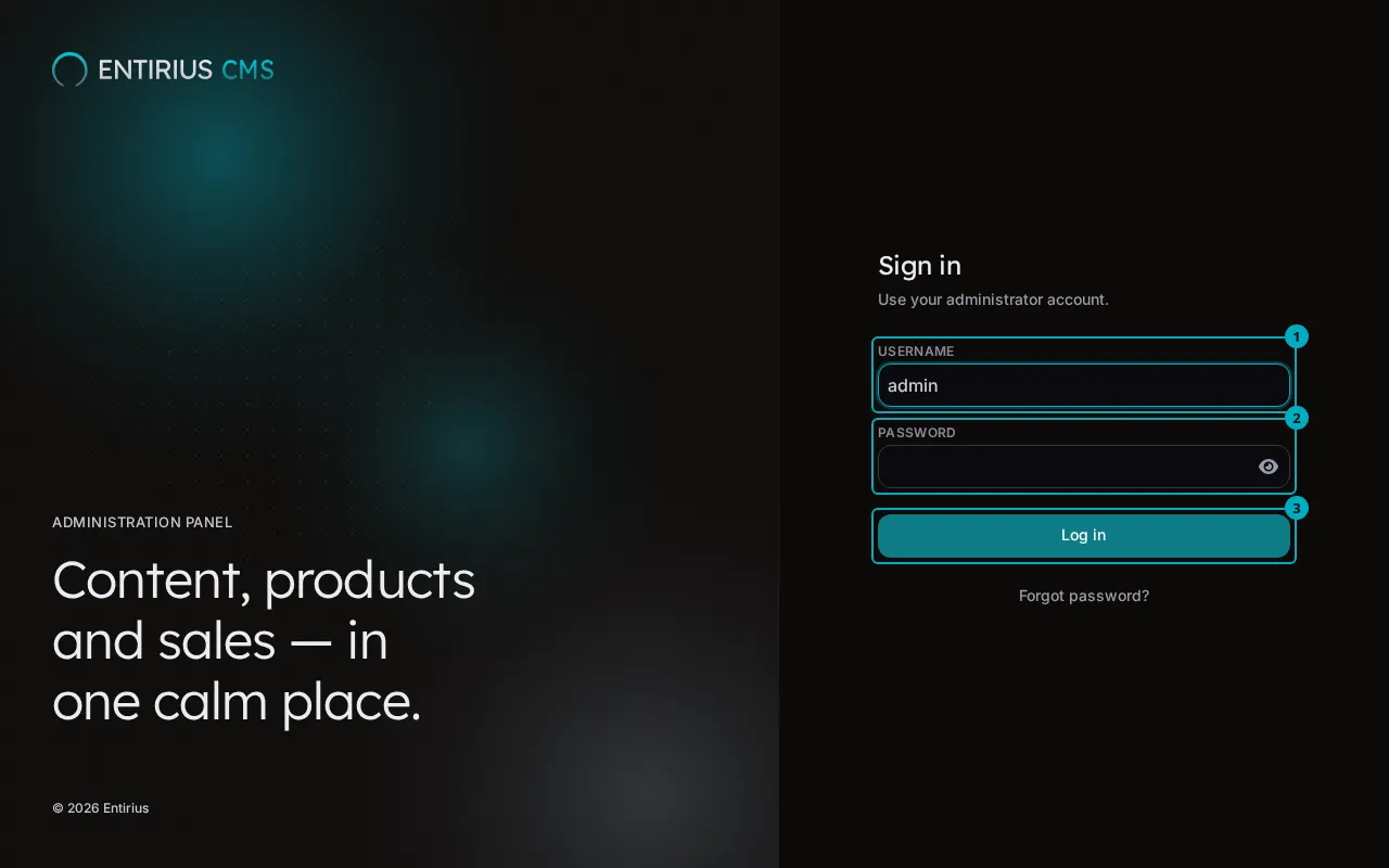 The Sign in screen with the Username field, the Password field and the Log in button marked 1 to 3.