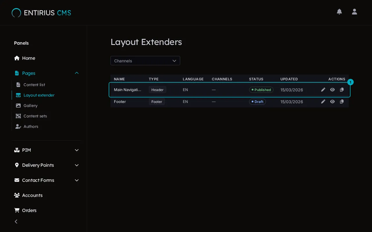 The Layout Extenders list with a published header document, marked 1, and a draft footer document.