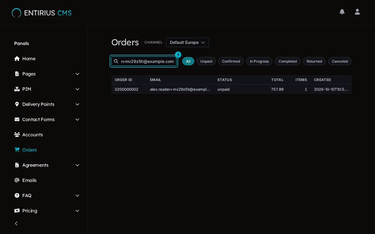 The Orders list filtered by an email to one unpaid order, with the search field marked 1.