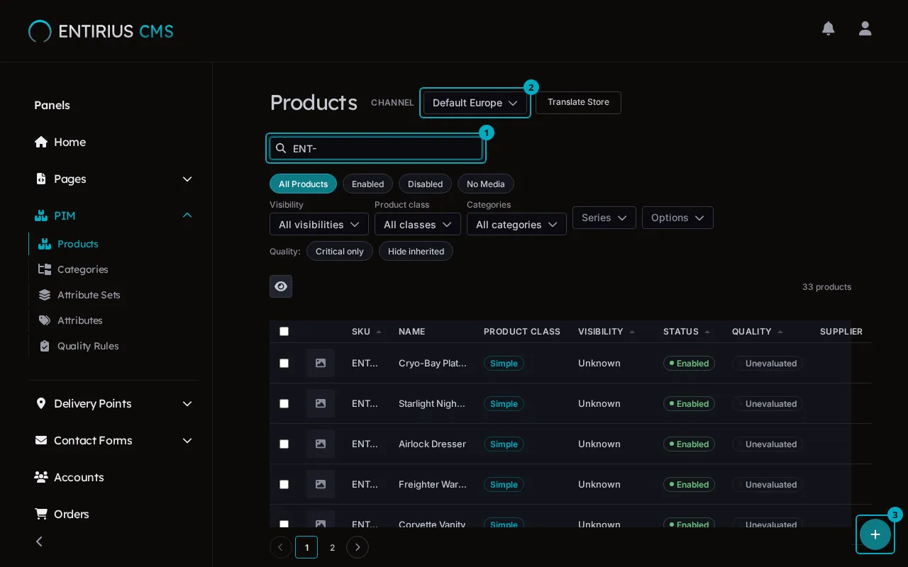 The Products list filtered by ENT-, with the search field, the channel selector and the add button marked 1 to 3.