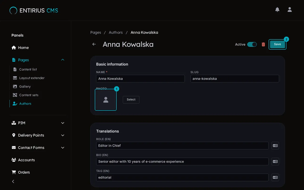 The profile of Anna Kowalska, with the photo marked 1 and the Save button marked 2.