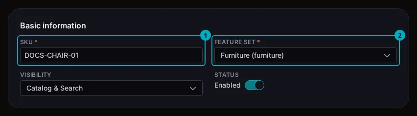 The Basic information card of the create form, with the SKU field and the Feature set field marked 1 and 2.