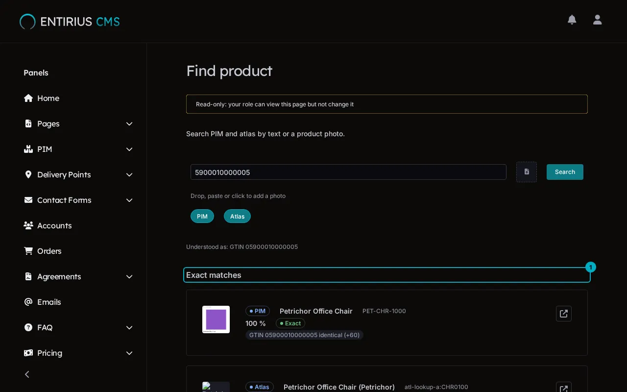 The Find product results for an EAN, with the Exact matches heading marked 1 above a PIM product and an Atlas product.