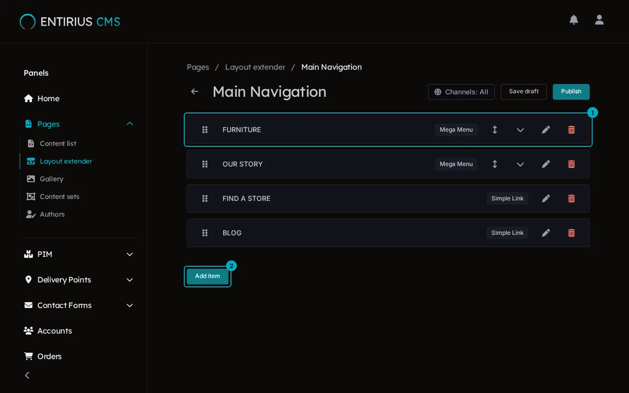 The Main Navigation editor with four items, the first item marked 1 and the Add item button marked 2.
