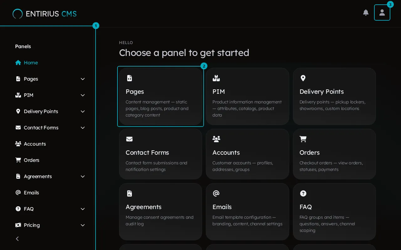 The home screen with panel cards, with the sidebar, the Pages card and the user button marked 1 to 3.