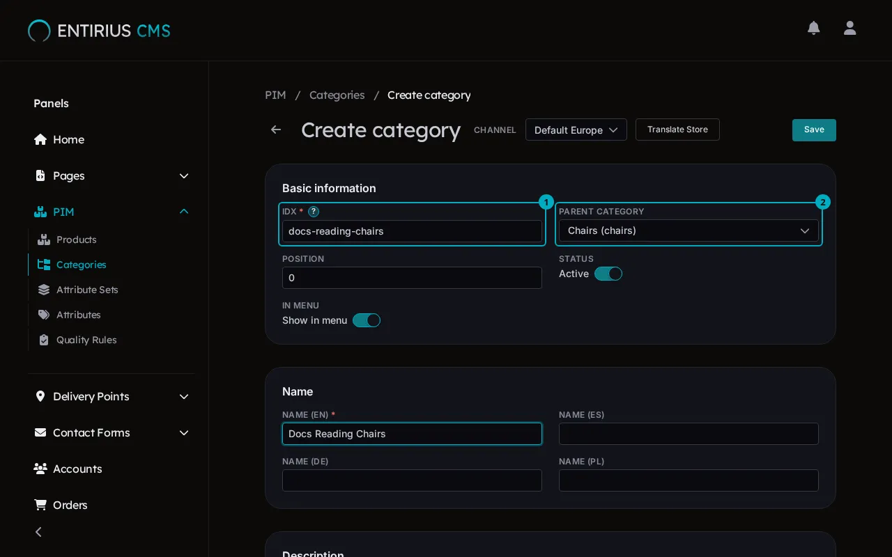 The Create category form with the IDX field, holding docs-reading-chairs, marked 1 and the Parent category field, set to Chairs, marked 2.