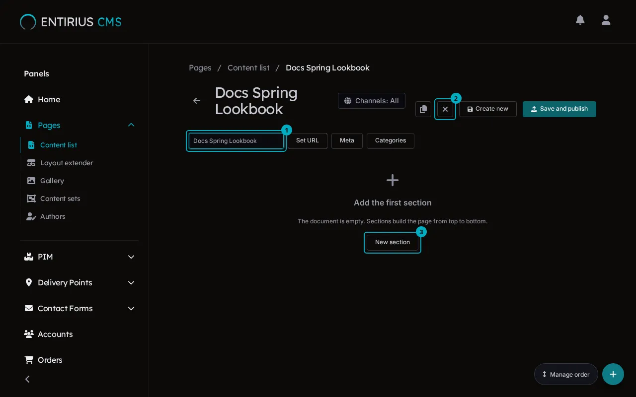 A new static page named Docs Spring Lookbook, with the name field, the open Advanced button and the New section button marked 1 to 3.
