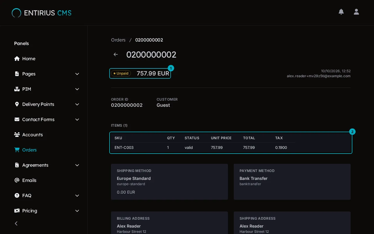 The order page with the Unpaid status and the total marked 1 and the Items table marked 2.