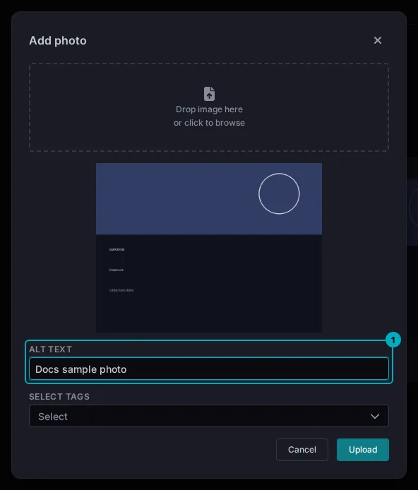 The Add photo dialog with a preview of the chosen image and the Alt text field, holding Docs sample photo, marked 1.