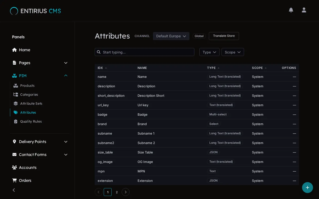 The Attributes list with the code, name, type and scope of each attribute.