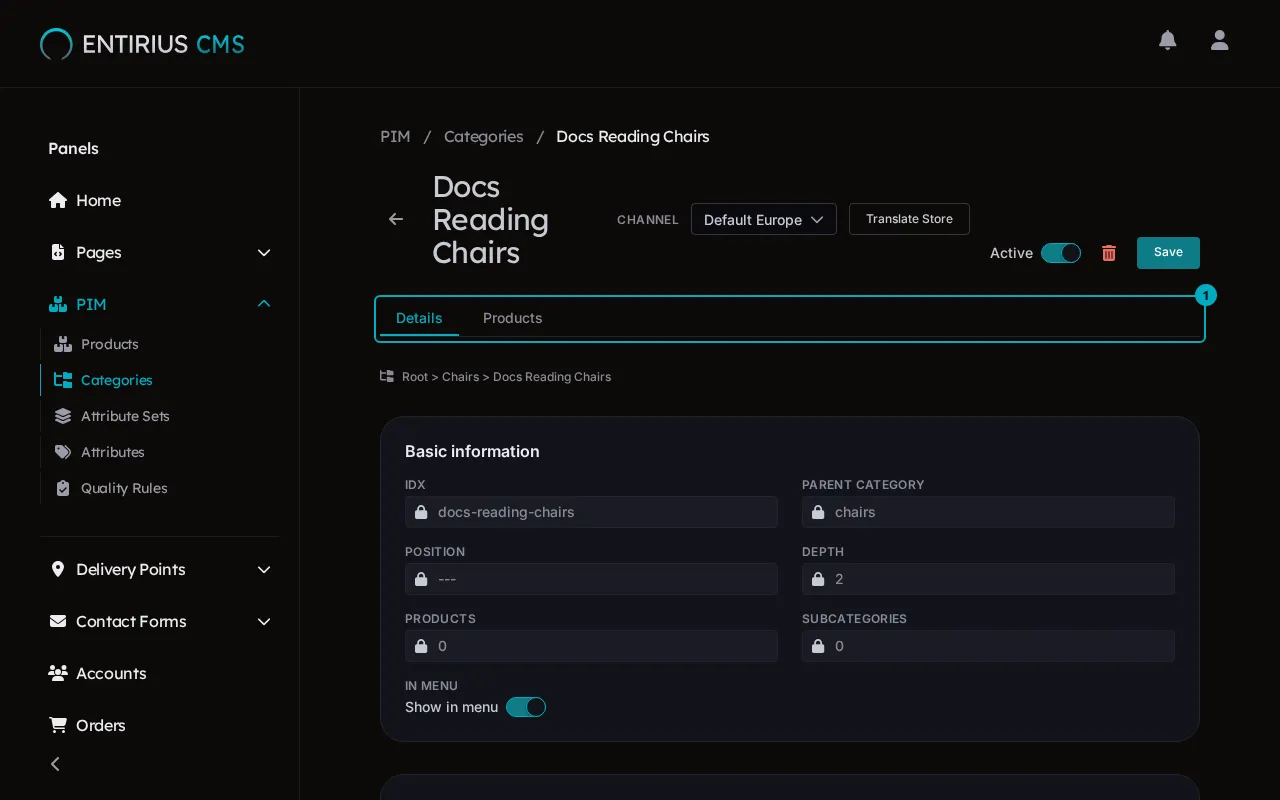 The page of the new category Docs Reading Chairs, with the Details and Products tabs marked 1.