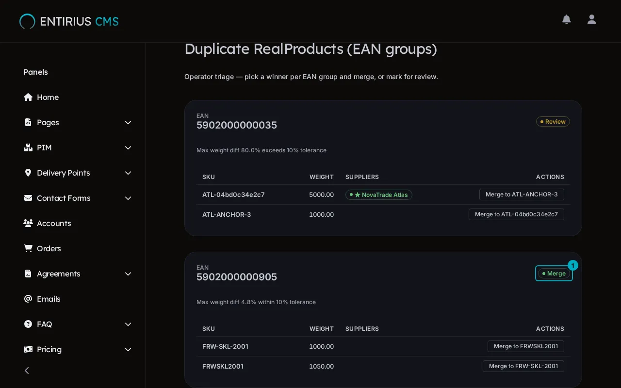 The duplicates page with two EAN groups, the Merge suggestion of the second group marked 1.