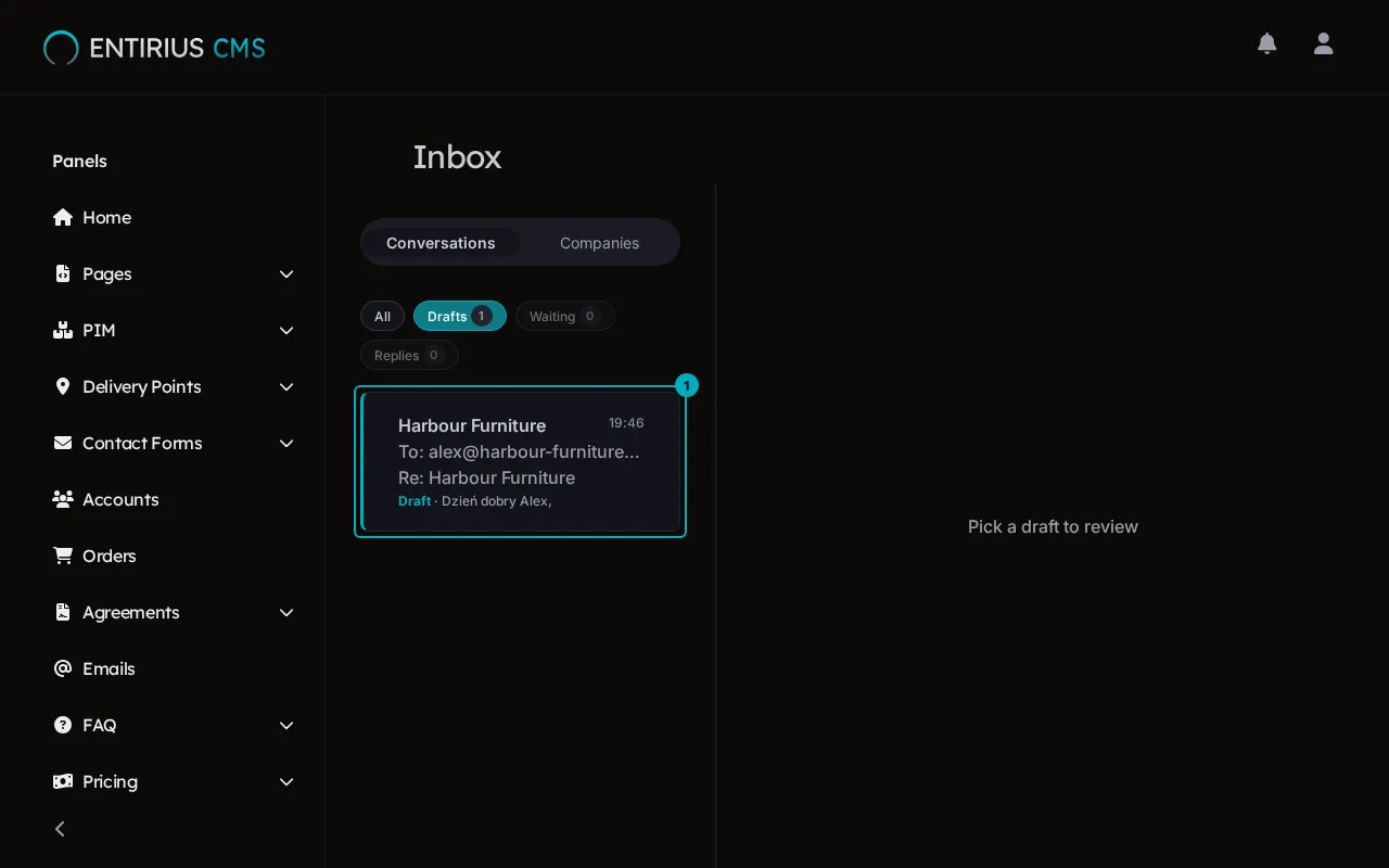 The Inbox with the Drafts filter on and one draft for Harbour Furniture marked 1.