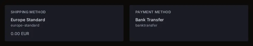 The Shipping Method card, reading Europe Standard, next to the Payment Method card, reading Bank Transfer.