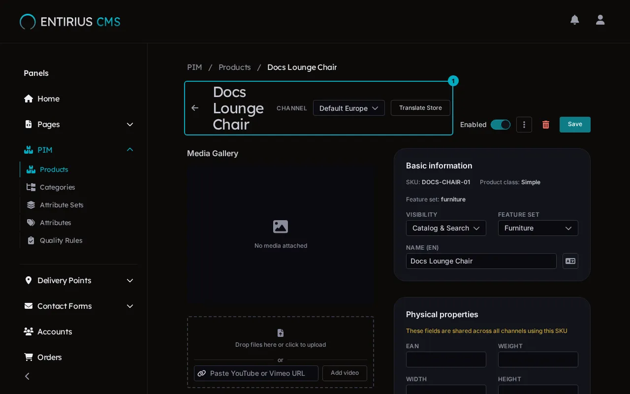 The saved product page titled Docs Lounge Chair, with the title row marked 1.