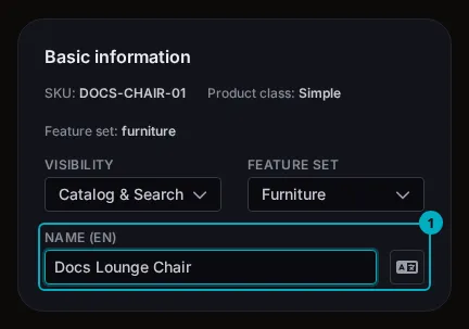 The Basic information card of the product page with the Name field, holding Docs Lounge Chair, marked 1.