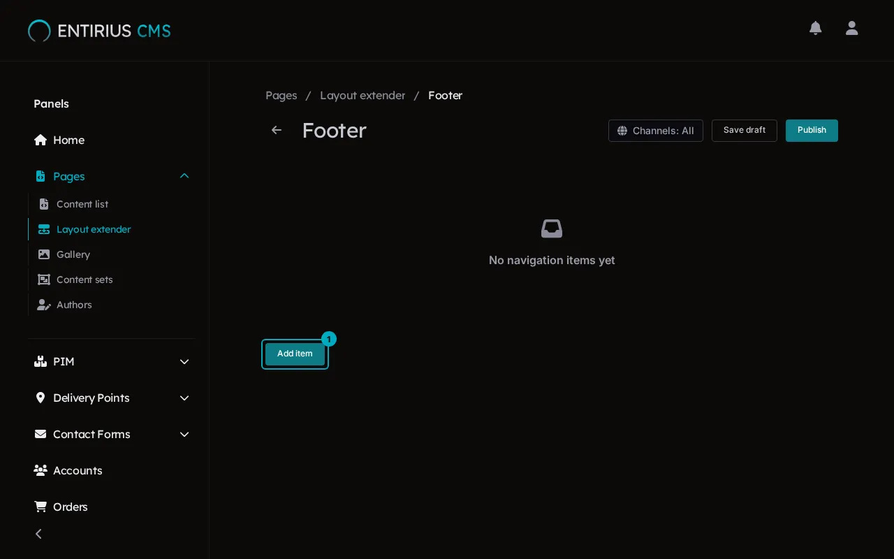 The Footer editor reading No navigation items yet, with the Add item button marked 1.