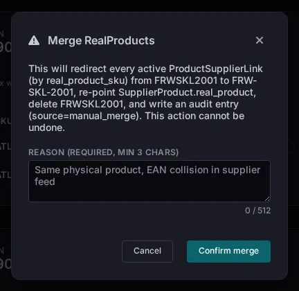 The Merge RealProducts dialog with its warning, the reason field, and the Cancel and Confirm merge buttons.