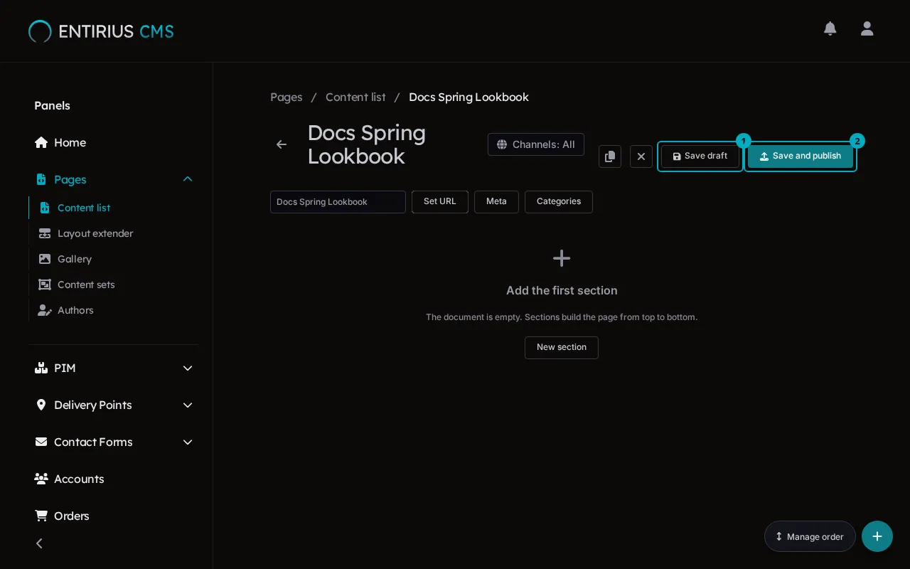 The saved page Docs Spring Lookbook, still without sections, with the Save draft button marked 1 and the Save and publish button marked 2.