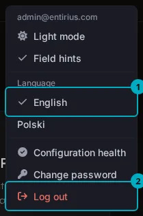 The user menu with the language choice English marked 1 and Log out marked 2.
