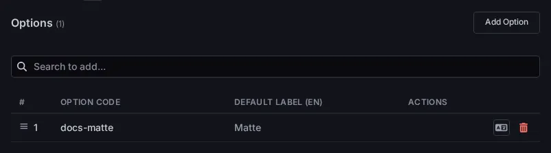 The Options table of the new attribute with one option, docs-matte, labelled Matte, and the Add Option button.