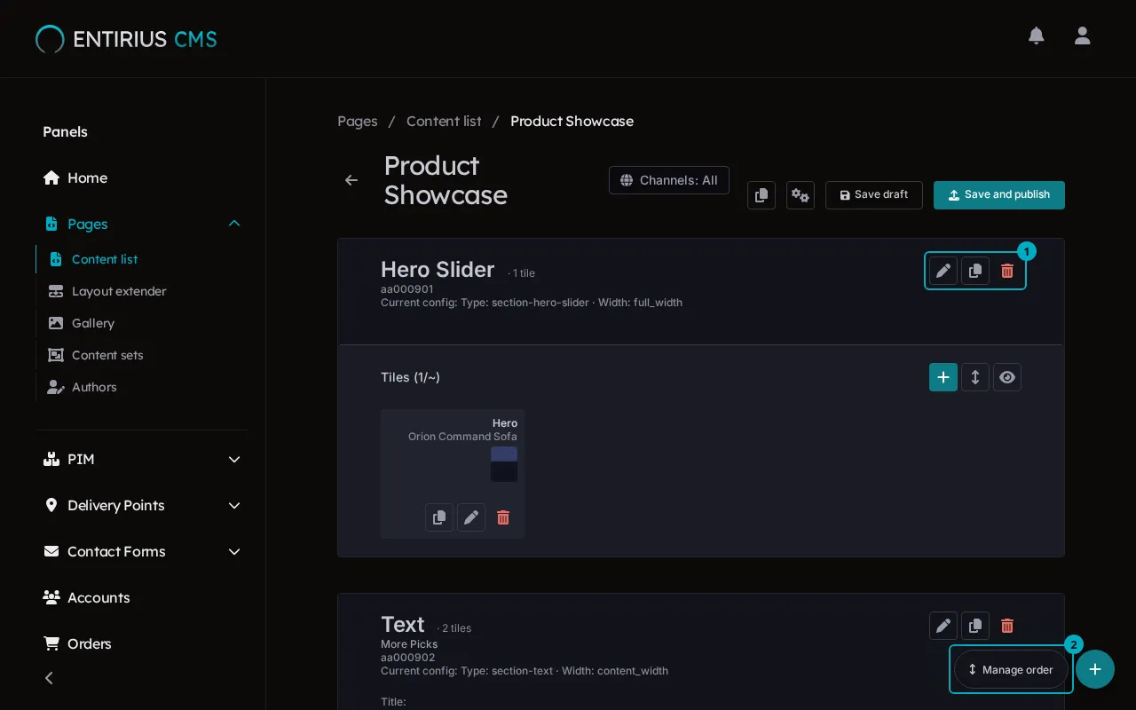 The Product Showcase page with a Hero Slider and a Text section, the section buttons marked 1 and Manage order marked 2.