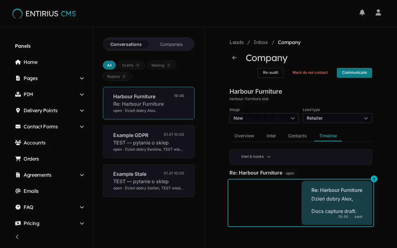 The company card of Harbour Furniture on the Timeline tab, with the sent mail marked 1.