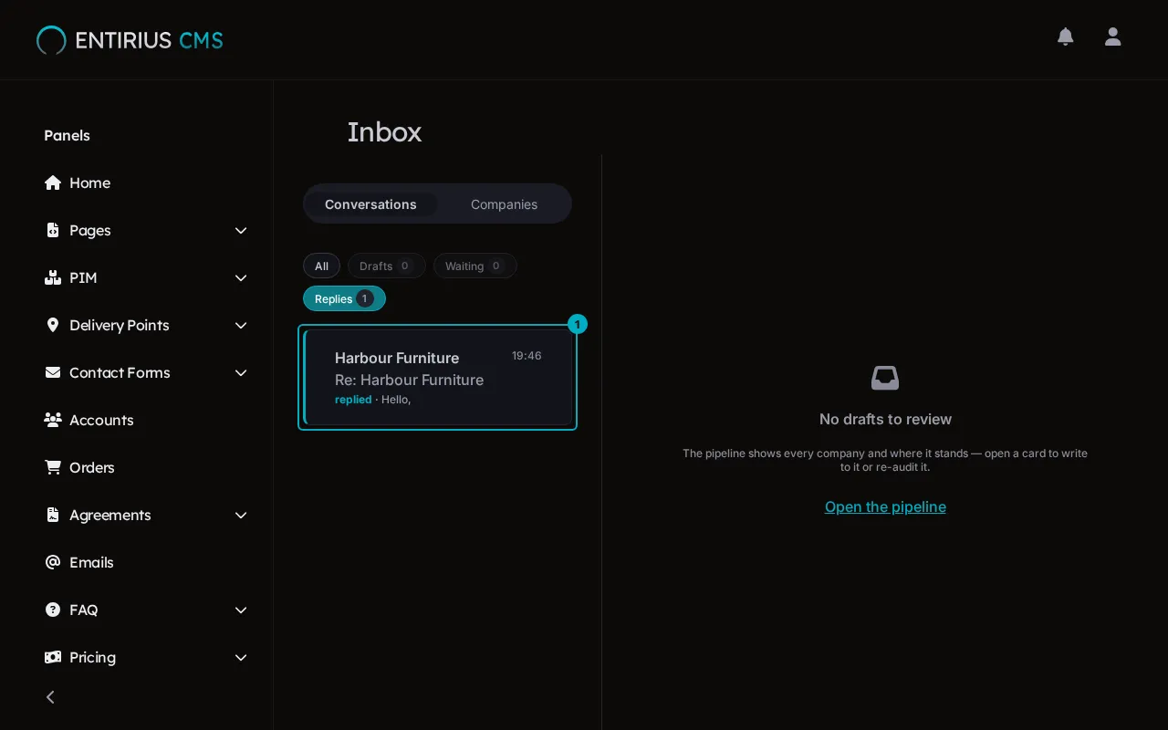 The Inbox with the Replies filter on and the Harbour Furniture conversation marked 1 as replied.